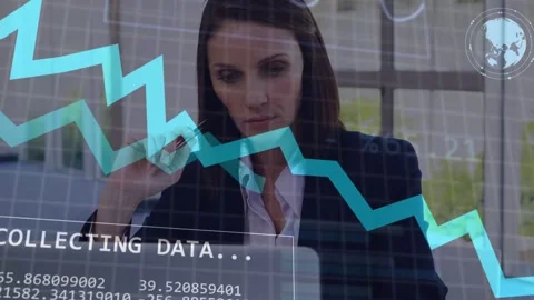 Analyst studying laptop at desk, COLLECTING-DATA overlaying, pen chart Stock Footage 334703544