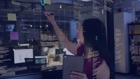 Analyst with tablet raising marker on clear glass, planning and animating tech Stock Footage 333610148