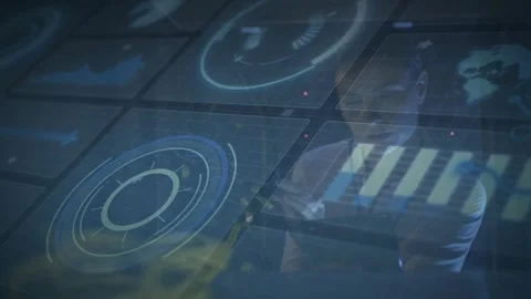 Analyst tapping bar chart to highlight metric and accelerate holographic gauge Video stock 319572695