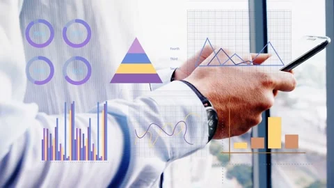 Analyst tapping phone by highrise window causing semi-transparent charts Stock Footage 335651947
