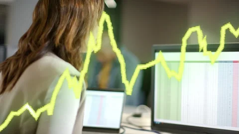 Analyst tapping stylus, starting yellow line, monitoring finance data, colleague Stock Footage 333447271