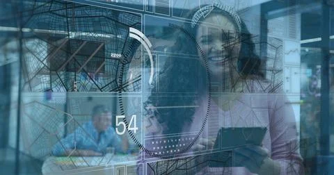 Analyst tapping tablet by glass, lighting HUD maps or rings, cycling values Stock Photos