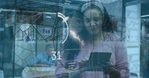 Analyst tapping tablet by glass, lighting HUD maps or rings, cycling values Stock Photos