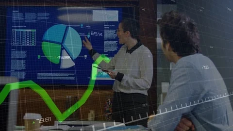 Analyst tapping tablet pointing pie segment in business, green trend matching Stock Footage 331701418