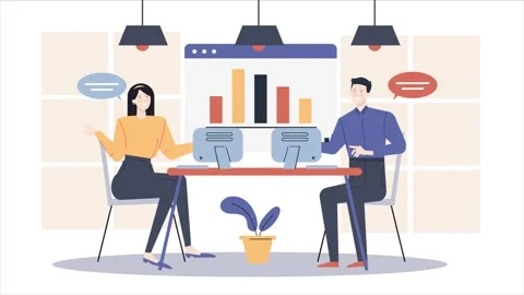 Analyst team discussion with data on screen. business animated illustration. Stock Footage 276685766