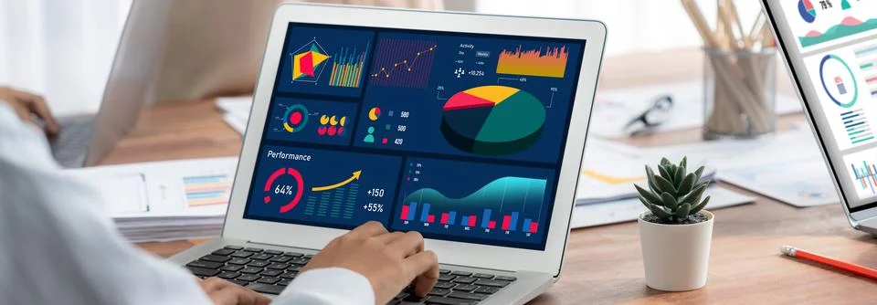 Analyst team utilizing BI Fintech to analyze financial report. Scrutinize Stock Photos