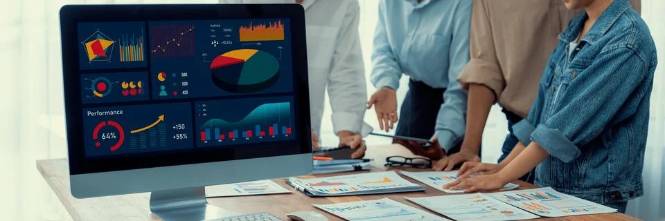 Analyst team utilizing BI Fintech to analyze financial report. Scrutinize Stock Photos