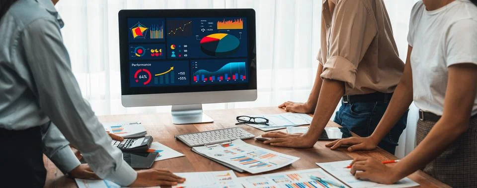 Analyst team utilizing BI Fintech to analyze financial report. Scrutinize Stock Photos