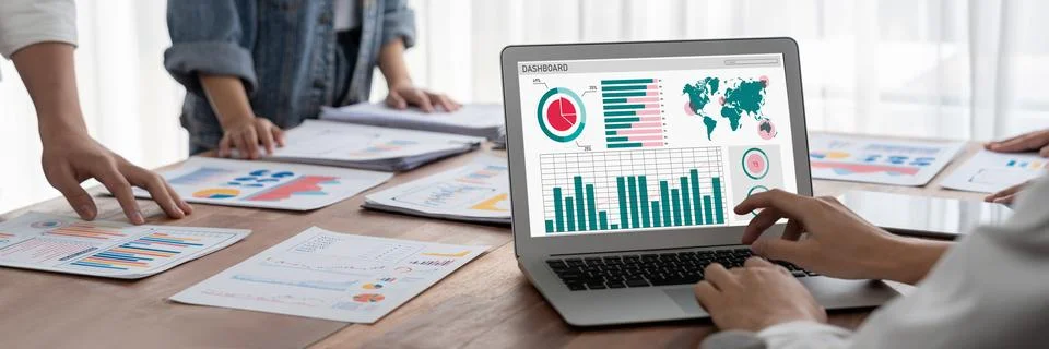 Analyst team utilizing BI Fintech to analyze financial report. Scrutinize Stock Photos