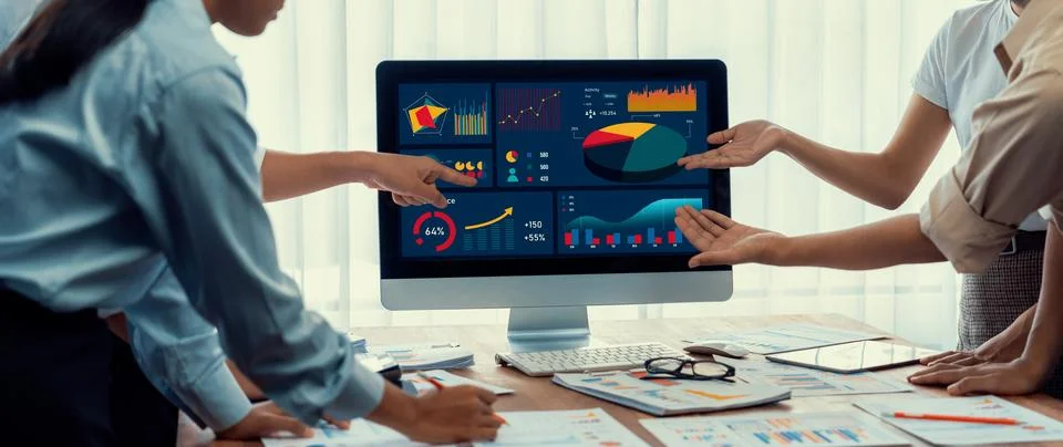 Analyst team utilizing BI Fintech to analyze financial report. Scrutinize Stock Photos