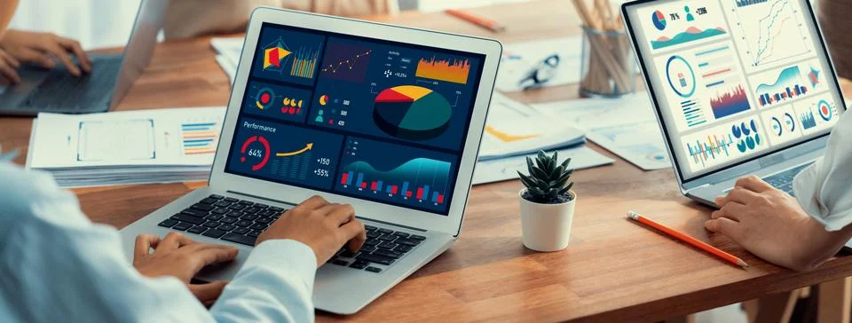 Analyst team utilizing BI Fintech to analyze financial report. Scrutinize Stock Photos