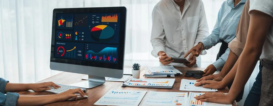 Analyst team utilizing BI Fintech to analyze financial report. Scrutinize Stock Photos
