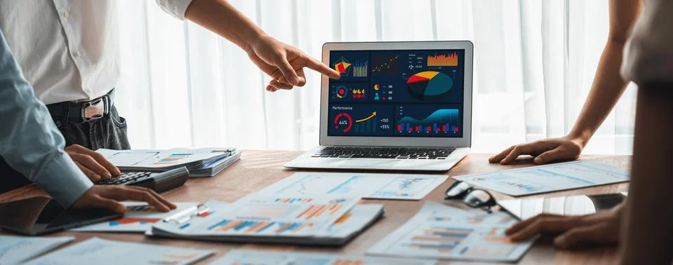 Analyst team utilizing BI Fintech to analyze financial report. Scrutinize Stock Photos
