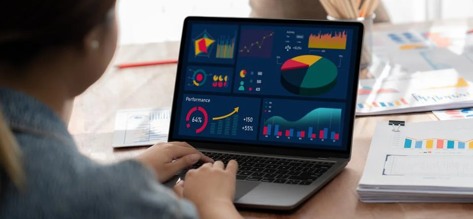 Analyst team utilizing BI Fintech to analyze financial report. Scrutinize Stock Photos