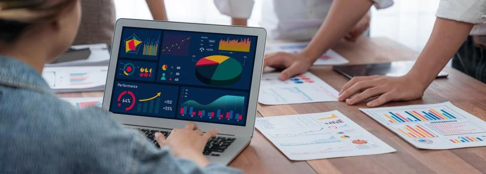 Analyst team utilizing BI Fintech to analyze financial report. Scrutinize Stock Photos
