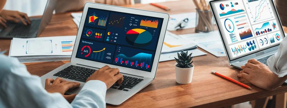 Analyst team utilizing BI Fintech to analyze financial report. Scrutinize Stock Photos