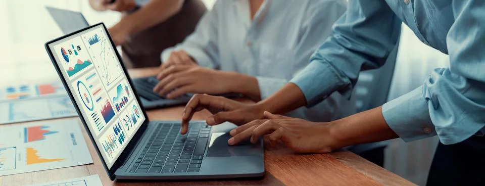 Analyst team utilizing BI Fintech to analyze financial report. Scrutinize Stock Photos
