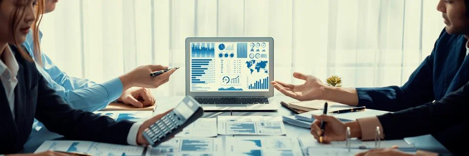 Analyst team working on data analysis dashboard on laptop screen. Insight Stock Photos