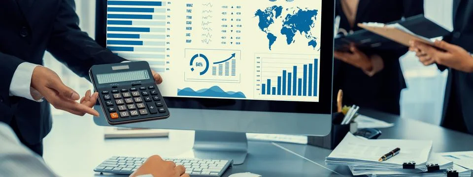 Analyst team working on data analysis dashboard on laptop screen. Insight Stock Photos