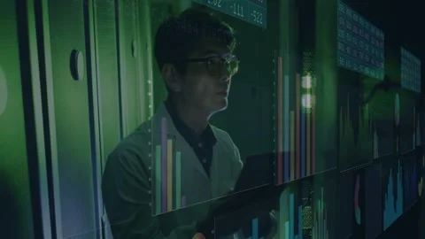 Analyst tilting tablet, scanning transparent wall for finance analysis, graphs, Stock Footage 332981344