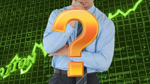 Analyst touching chin, pointing, generating orange question obscuring face, Stock Footage 333155399