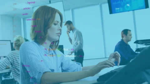 Analyst typing code triggers security overlay showing threats while team Stock Footage 309687123