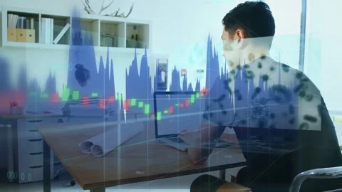 Analyst typing on laptop and analyzing finance data, waveform and candlesticks Stock Footage 333169177