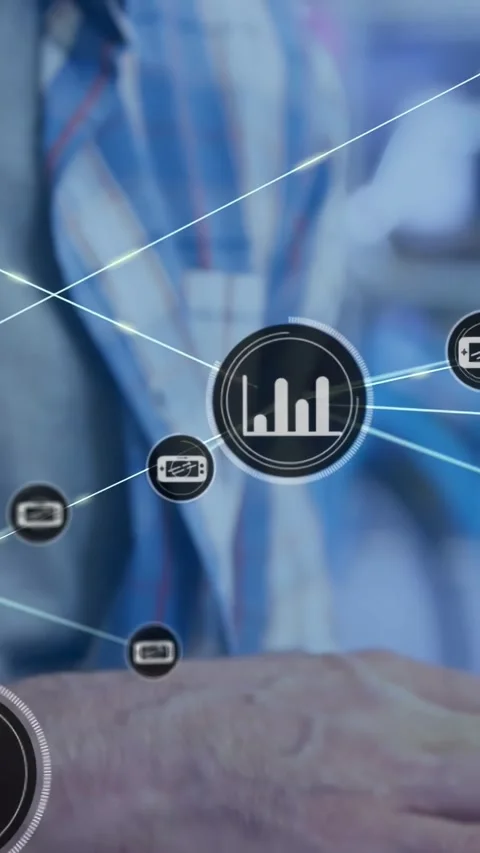 Analyst typing at laptop, creating chart network UI over keys while leaning and Stock Footage 331029825