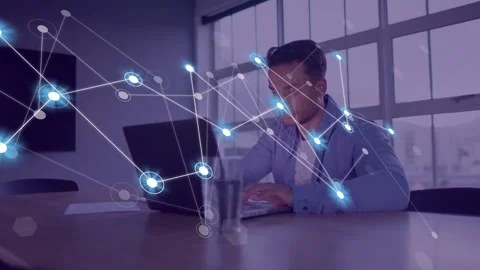 Analyst typing on laptop while tech network rising from left spreading data Stockbeeldmateriaal 335466150