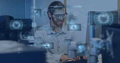 Analyst typing while data feed starting blue HUD panels, gauges scrolling, Stock Footage 331165598
