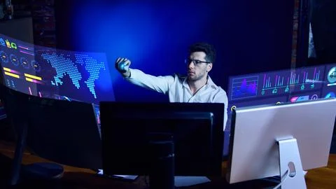 Analyst using holographic interface for global market data monitoring. Collage Stock Photos