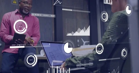 Analyst using laptop, bringing schematic while manager gesturing, reviewing Stock Footage 331125897