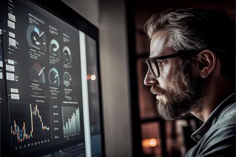 Analyst working on business analytics dashboard Stock-Illustration