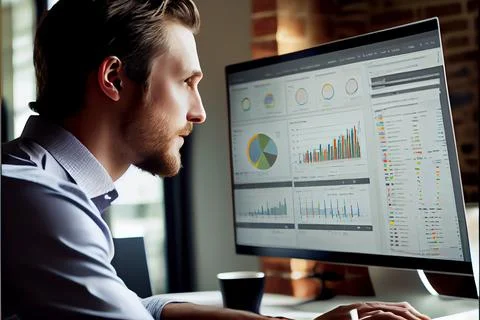 Analyst working on business analytics dashboard Stock-Illustration
