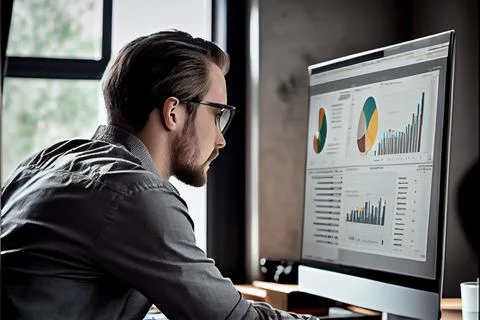 Analyst working on business analytics dashboard Stock-Illustration