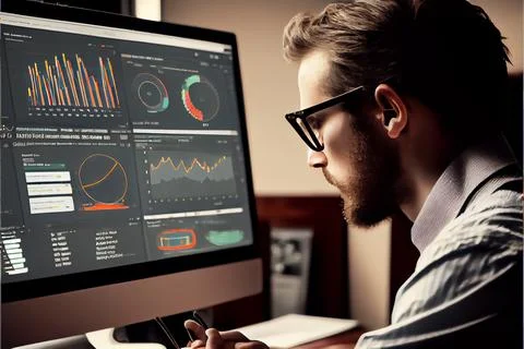 Analyst working on business analytics dashboard Stock-Illustration