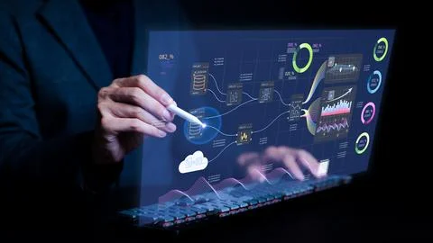 Analyst working with computer virtual screen. Business analytics and data. Foto stock