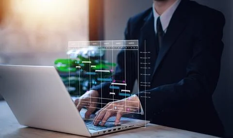 Analyst working or Project management with laptop (notebook) in Success sta.. Stock Photos