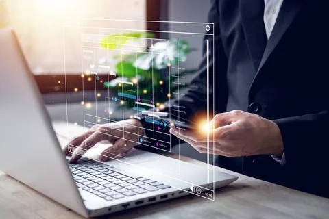 Analyst working or Project management with laptop, smartphone in Success st.. Stock Photos