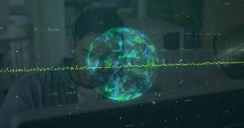 Analyst working on PC, screen input causing spinning 3D globe and pulsing wave Stock Footage 331736179