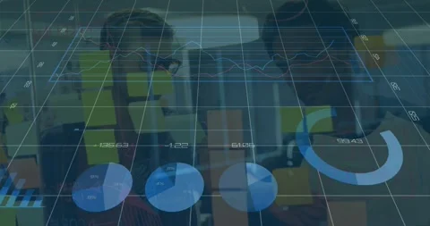 Analysts interacting with grid overlay appearing updating charts while analyzing Stock Footage 327275882