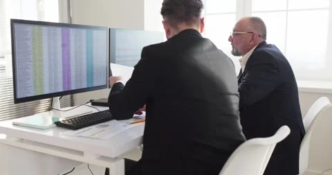 Analysts reviewing spreadsheets on dual monitors in sunny contemporary office Stock Footage 331829147