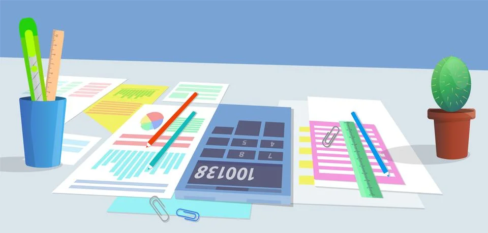 Analysts team desktop with documents, stationery for people working together Stock Illustration