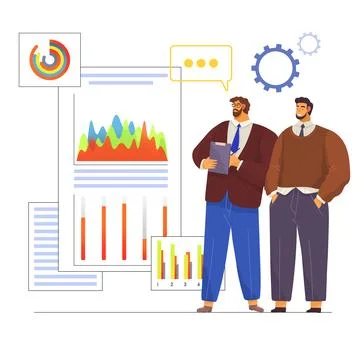 Analysts working with diagram. People work with statistics, business planning Illustrazione stock