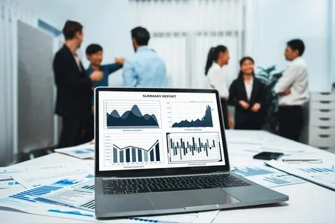 Analytic database by BI Fintech dashboard displayed on laptop. Prudent Stock Photos