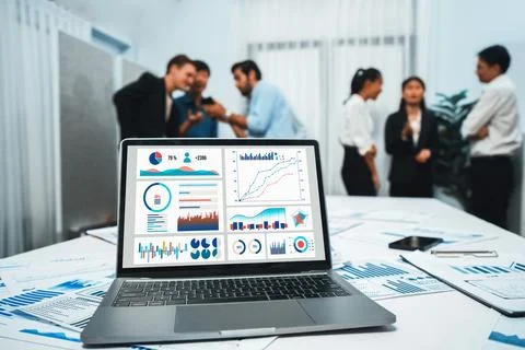 Analytic database by BI Fintech dashboard displayed on laptop. Prudent Stock Photos