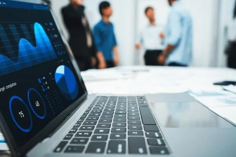 Analytic database by BI Fintech dashboard displayed on laptop. Prudent Stock Photos