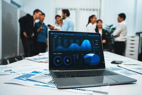 Analytic database by BI Fintech dashboard displayed on laptop. Prudent Stock Photos