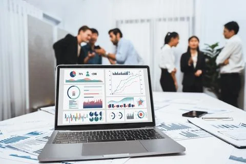 Analytic database by BI Fintech dashboard displayed on laptop. Prudent Stock Photos