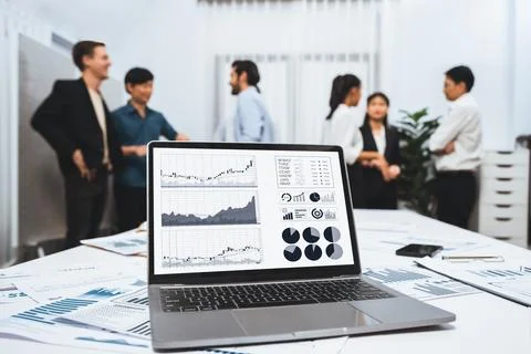 Analytic database by BI Fintech dashboard displayed on laptop. Prudent Stock Photos